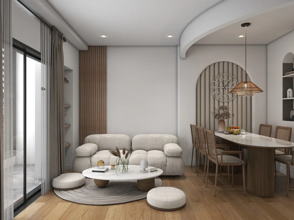 Concept nội thất 3D phòng khách Căn hộ chung cư Bình Thạnh 75m2 mang phong cách Japandi