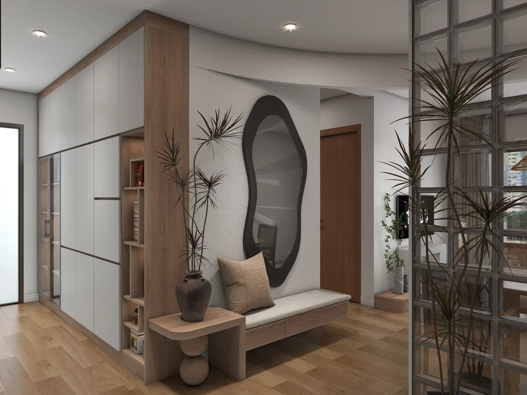 Concept nội thất 3D hành lang Căn hộ chung cư Bình Thạnh 75m2 mang phong cách Japandi