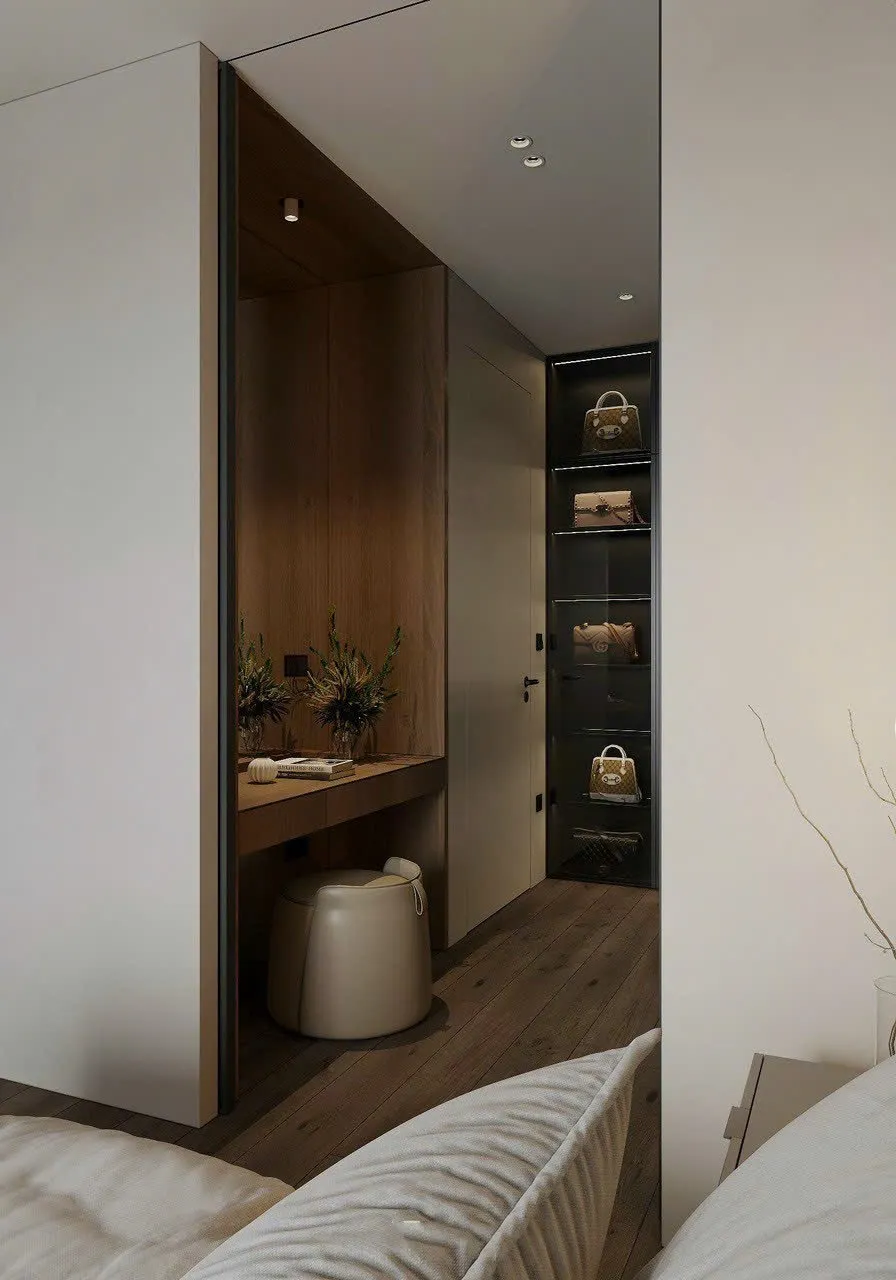 Concept nội thất 3D phòng thay đồ trong phòng ngủ Căn hộ chung cư Quận 4 80m2 mang phong cách Modern hiện đại