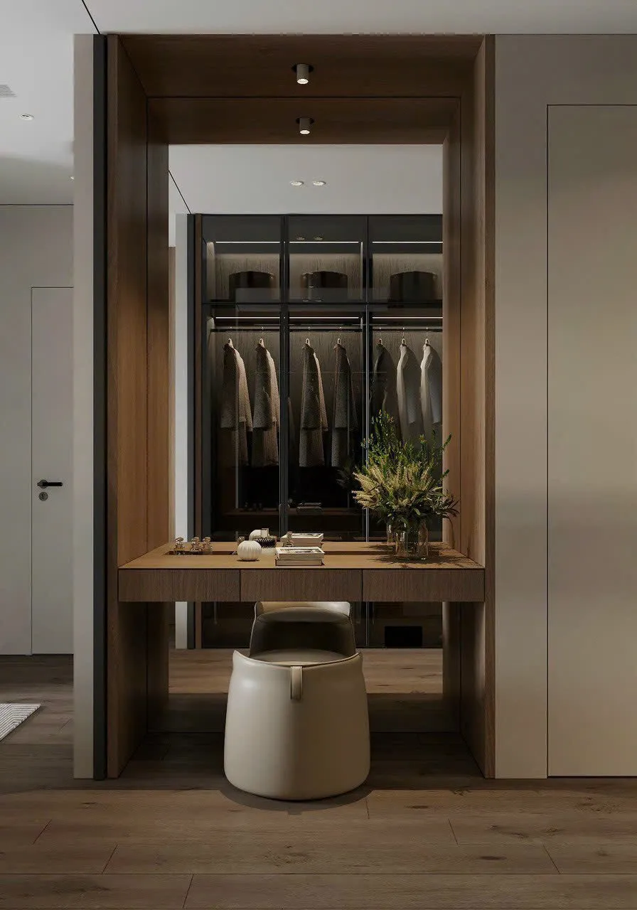 Concept nội thất 3D phòng thay đồ trong phòng ngủ Căn hộ chung cư Quận 4 80m2 mang phong cách Modern hiện đại