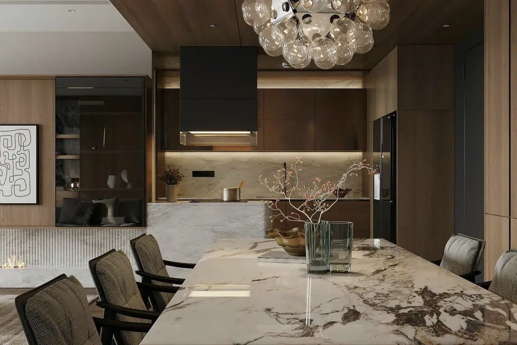 Concept nội thất 3D phòng ăn Căn hộ chung cư Quận 4 80m2 mang phong cách Modern hiện đại