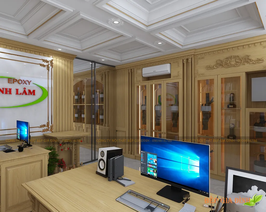 Concept nội thất 3D khu vực văn phòng làm việc Nhà phố Quận 12 mang phong cách Cổ điển