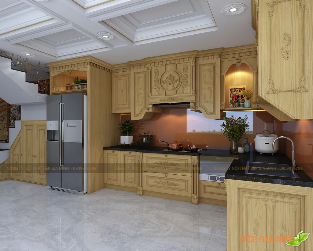 Concept nội thất 3D phòng bếp Nhà phố Quận 12 mang phong cách Cổ điển