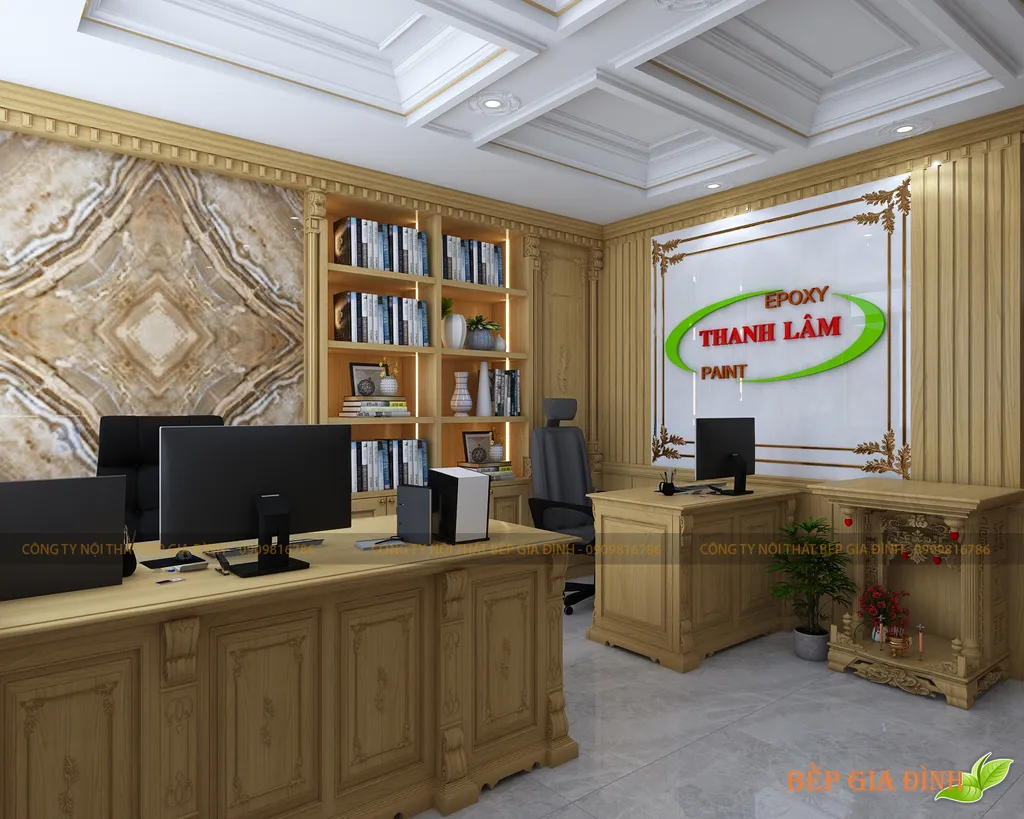 Concept nội thất 3D khu vực văn phòng làm việc Nhà phố Quận 12 mang phong cách Cổ điển