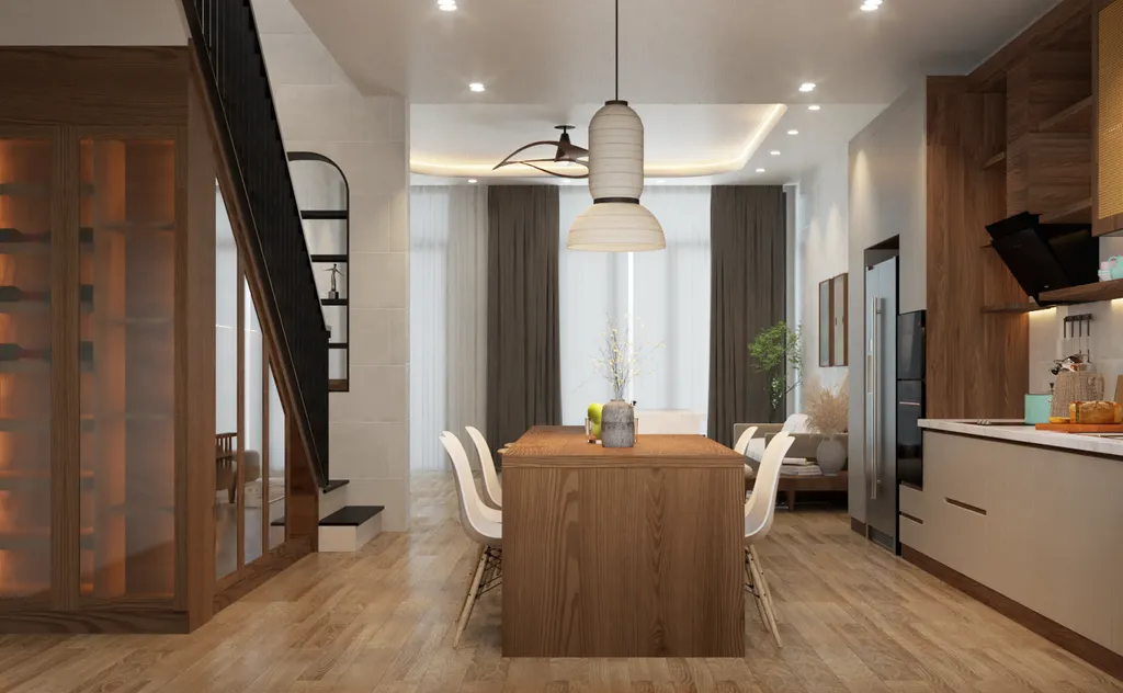 Concept nội thất 3D phòng ăn Nhà phố Mũi Né mang phong cách Japandi