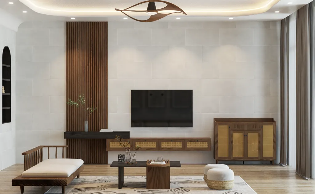 Concept nội thất 3D phòng khách Nhà phố Mũi Né mang phong cách Japandi