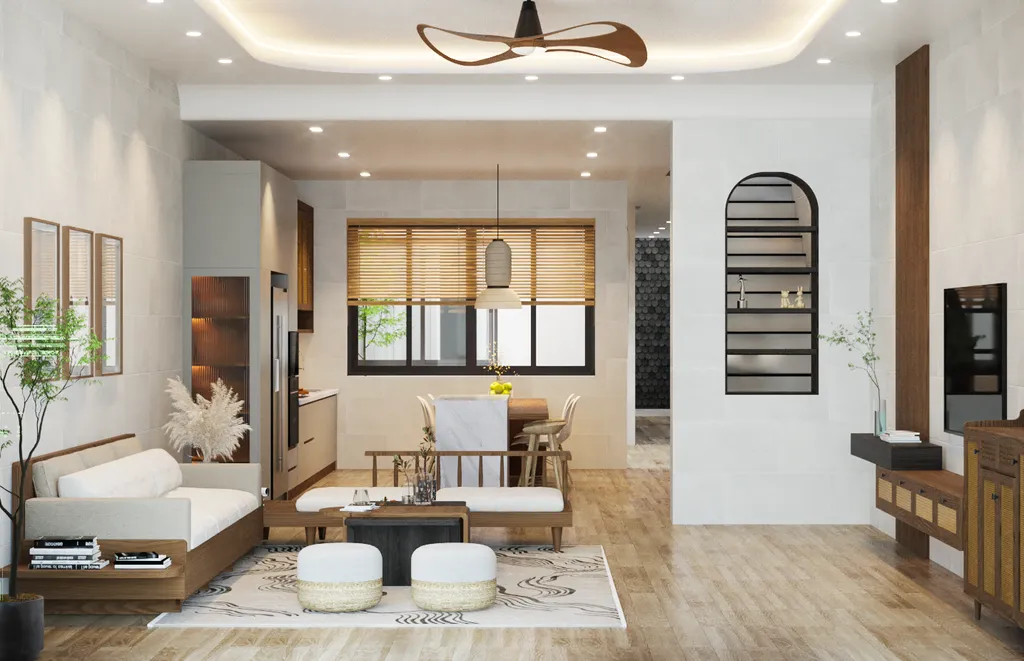 Concept nội thất 3D phòng khách Nhà phố Mũi Né mang phong cách Japandi