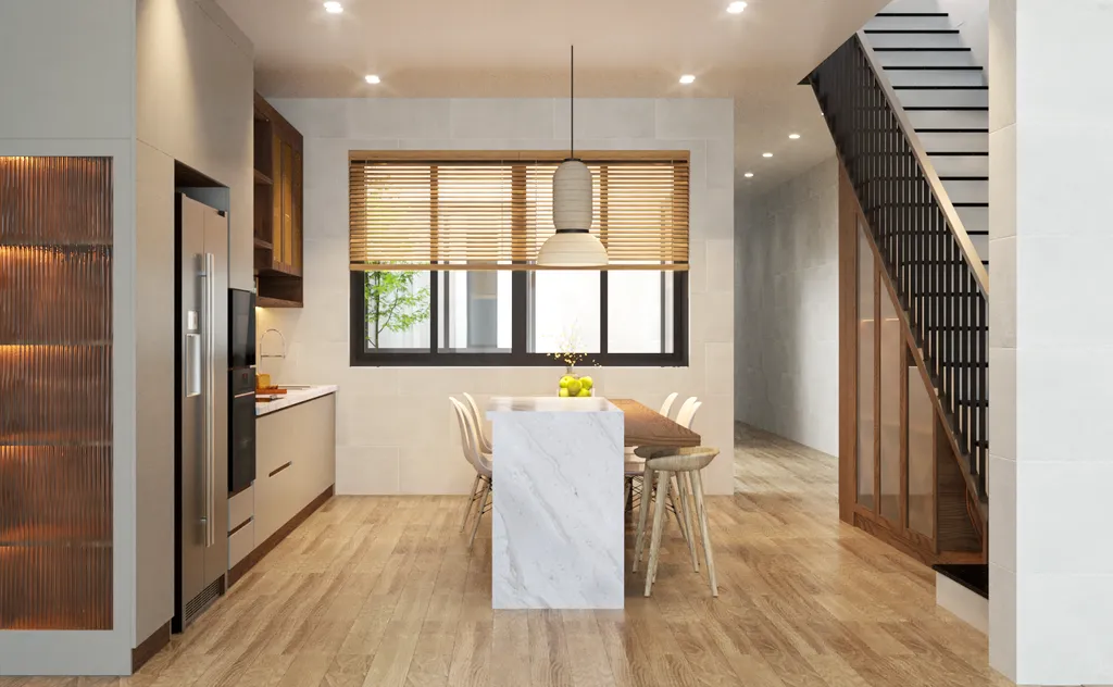 Concept nội thất 3D phòng ăn Nhà phố Mũi Né mang phong cách Japandi