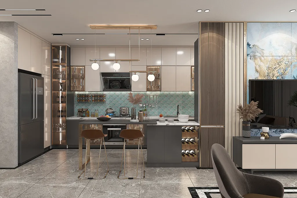 Thiết kế nội thất phòng bếp 3D cho Căn hộ Vinhome Central Park Bình Thạnh theo phong cách Modern