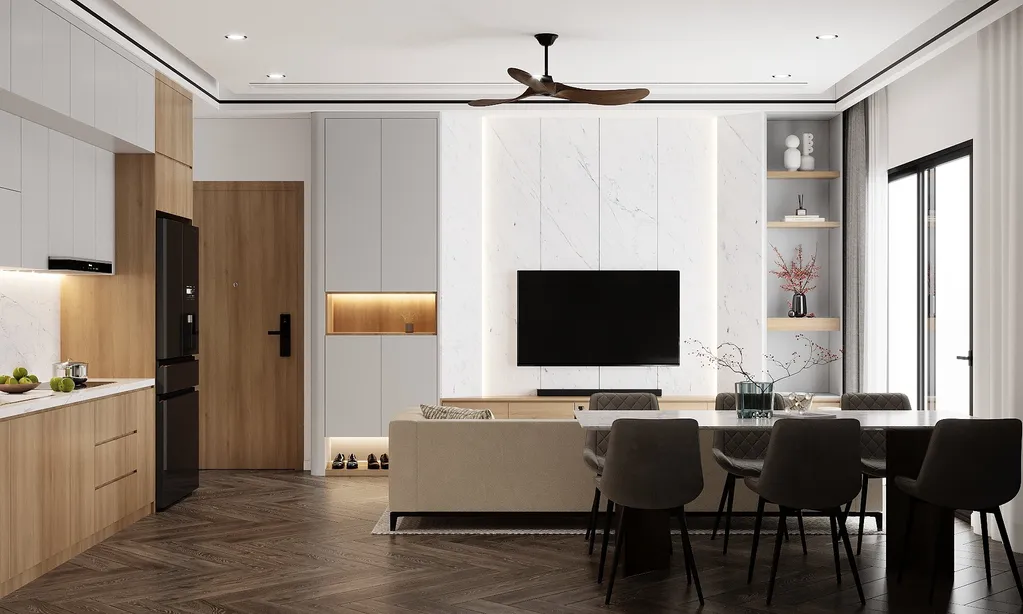 Thiết kế nội thất 3D cho phòng khách nhà phố Xã hội Thủ Thiêm Green House theo phong cách Modern