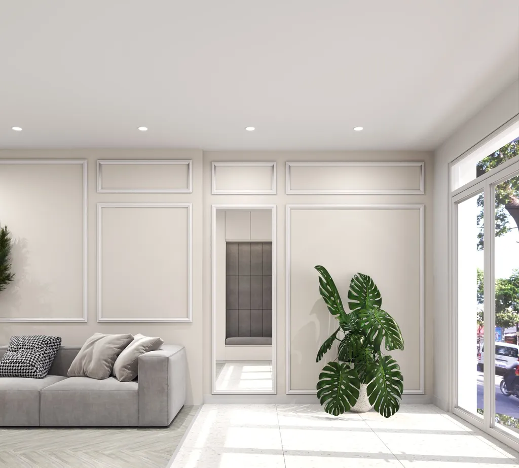 Thiết kế nội thất 3D cho phòng khách nhà phố 1 trệt 3 lầu Đặng Thai Mai - Phú Nhuận theo phong cách Modern