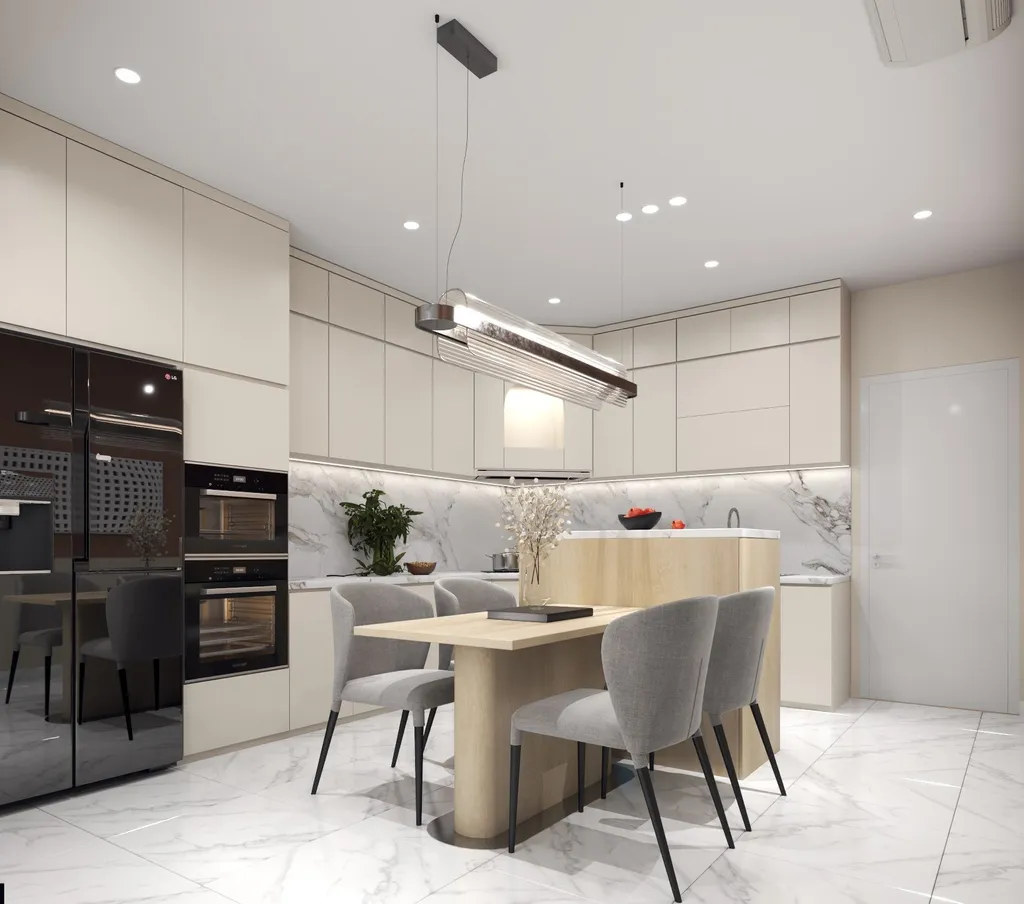 Thiết kế nội thất 3D cho phòng bếp nhà phố 1 trệt 3 lầu Đặng Thai Mai - Phú Nhuận theo phong cách Modern