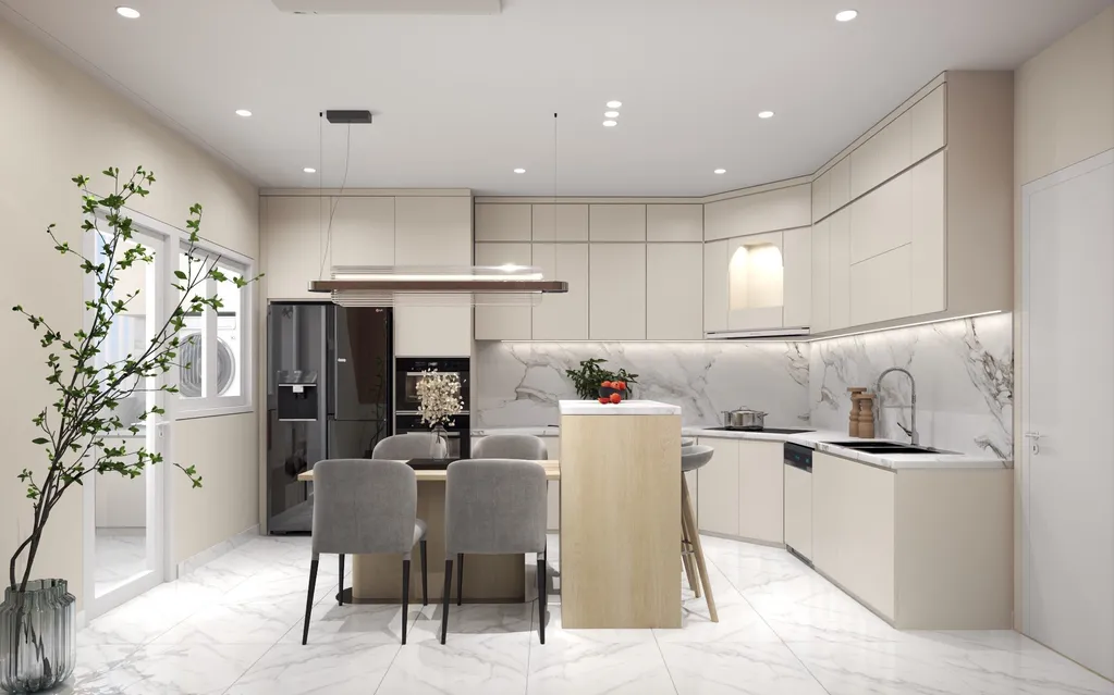 Thiết kế nội thất 3D cho phòng bếp nhà phố 1 trệt 3 lầu Đặng Thai Mai - Phú Nhuận theo phong cách Modern