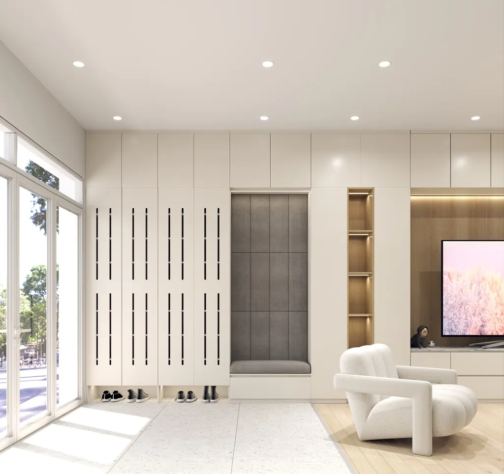 Thiết kế nội thất 3D cho phòng khách nhà phố 1 trệt 3 lầu Đặng Thai Mai - Phú Nhuận theo phong cách Modern