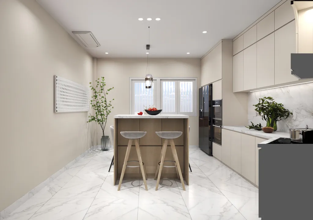 Thiết kế nội thất 3D cho phòng bếp phố 1 trệt 3 lầu Đặng Thai Mai - Phú Nhuận theo phong cách Modern