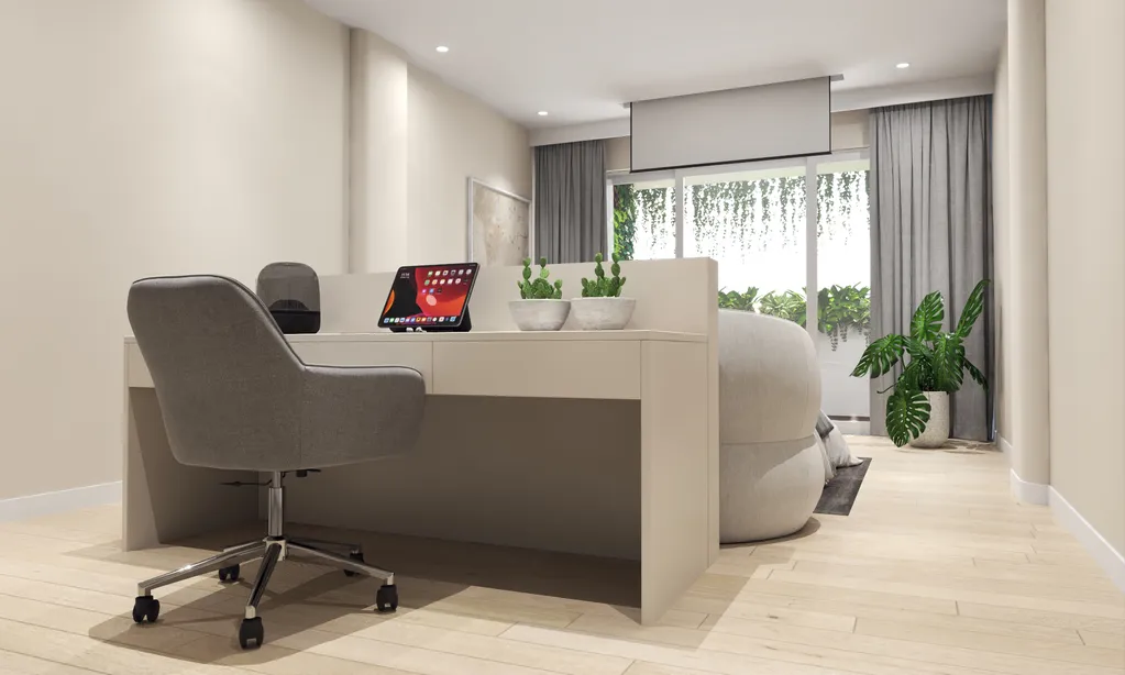 Thiết kế nội thất 3D cho phòng làm việc phố 1 trệt 3 lầu Đặng Thai Mai - Phú Nhuận theo phong cách Modern