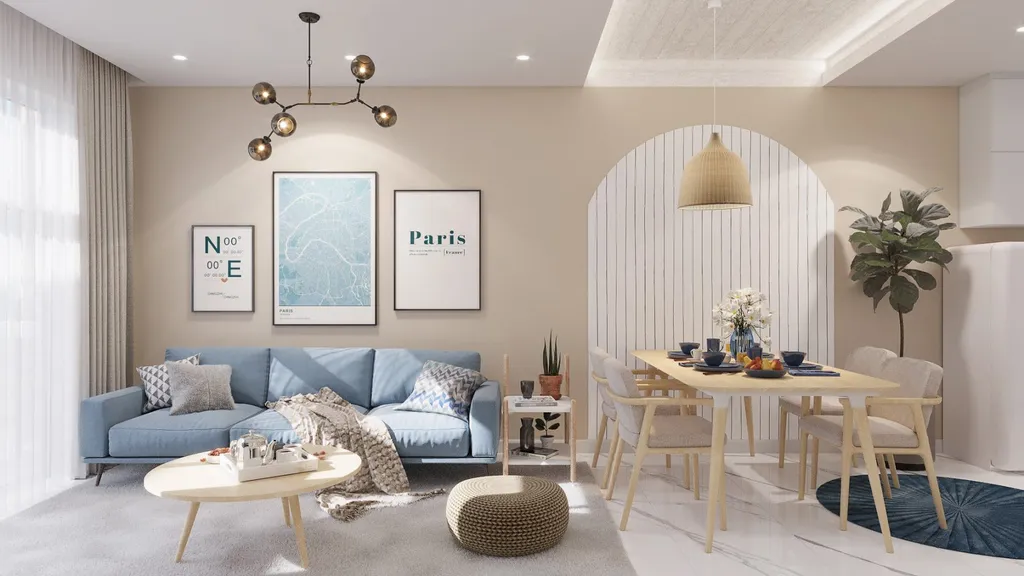 Thiết kế nội thất 3D cho phòng khách căn hộ theo phong cách Scandinavian & Nautica Blue.