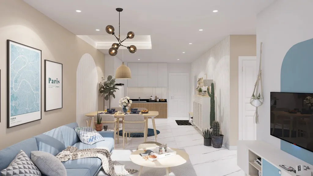 Thiết kế nội thất 3D cho phòng khách căn hộ theo phong cách Scandinavian & Nautica Blue.