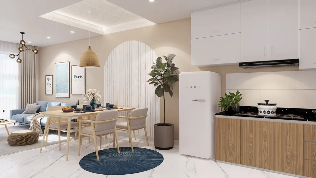 Thiết kế nội thất 3D cho phòng ăn căn hộ theo phong cách Scandinavian & Nautica Blue.