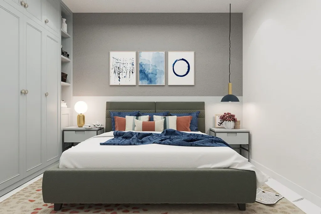Thiết kế nội thất 3D cho phòng ngủ căn hộ theo phong cách Scandinavian & Nautica Blue.