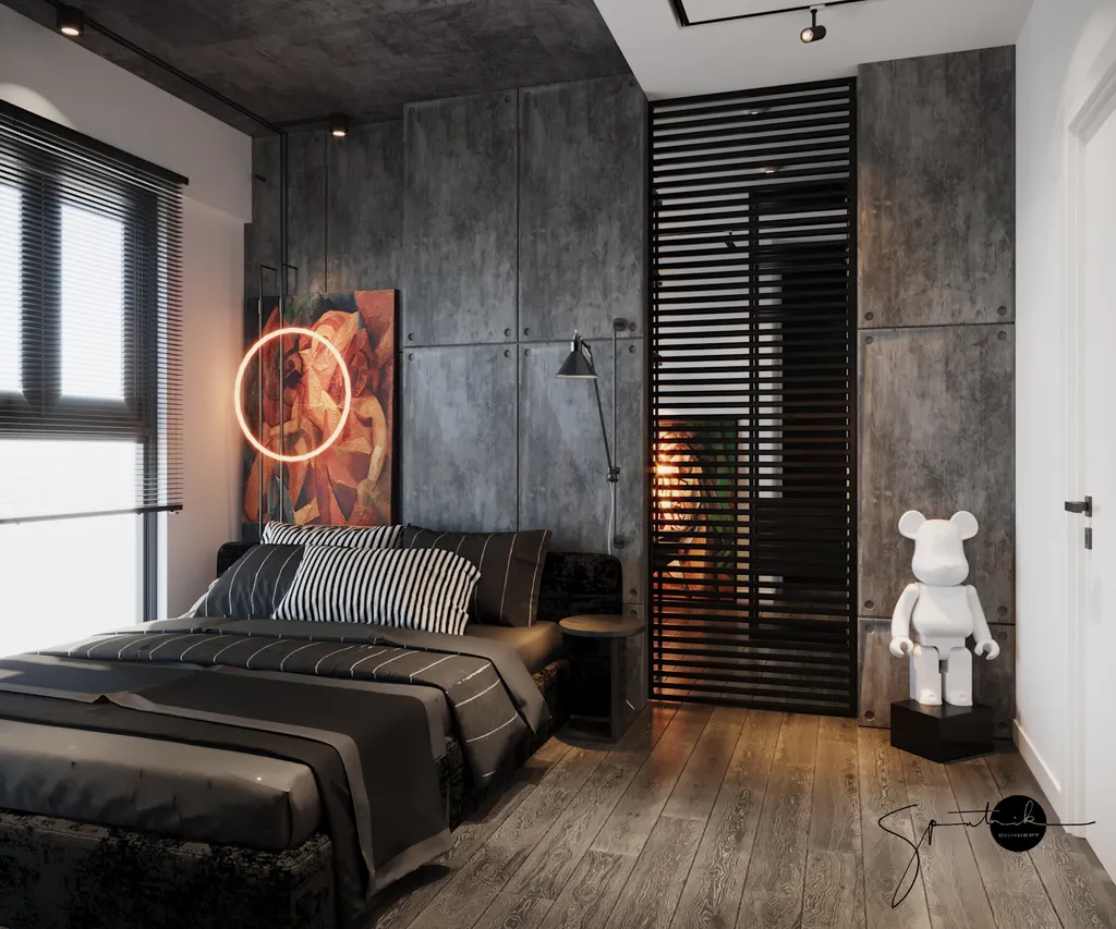 Công trình hoàn thiện nội thất cho phòng ngủ căn hộ theo phong cách Industrial