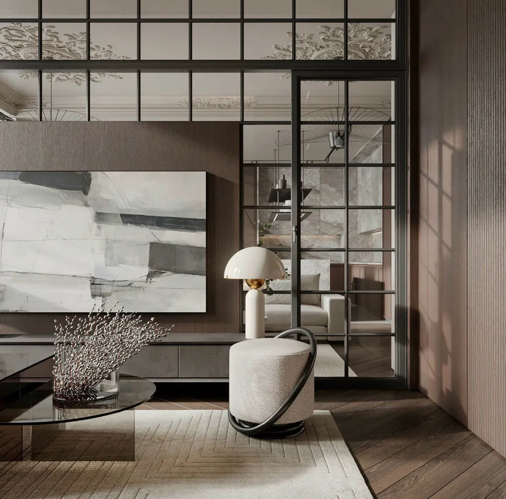 Công trình hoàn thiện nội thất phòng khách cho căn hộ theo phong cách Modern. Thi công hoàn thiện bởi TD INTERIOR.