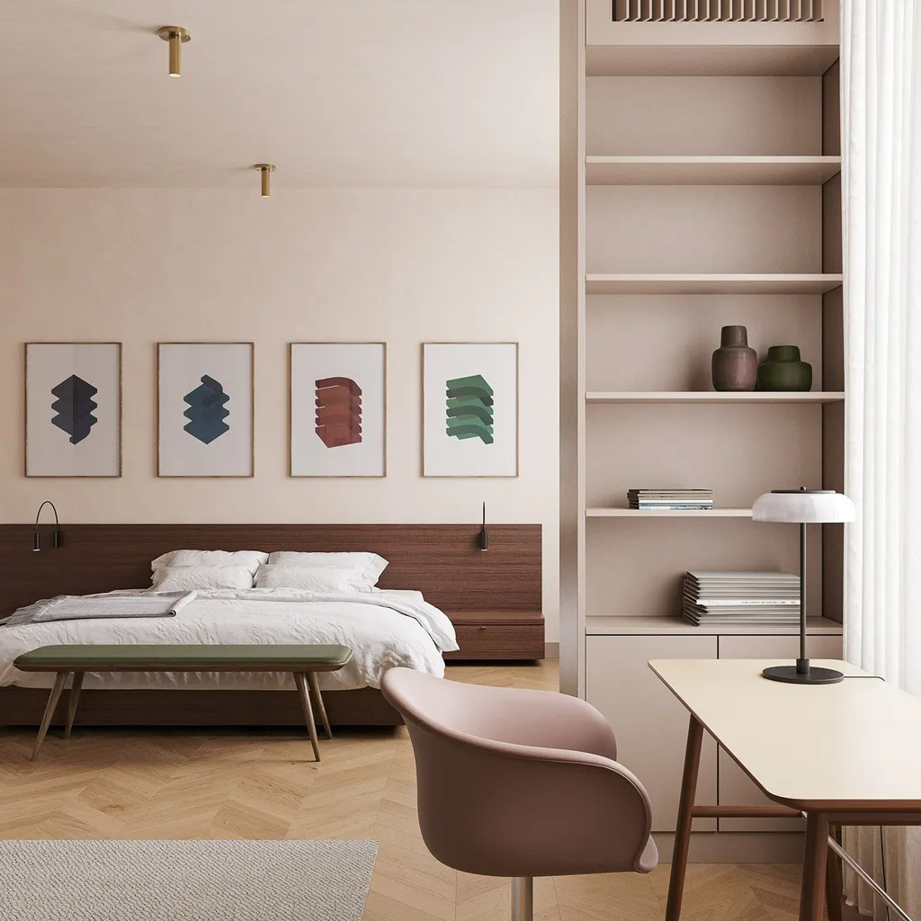 Công trình hoàn thiện nội thất phòng ngủ cho căn hộ theo phong cách Japandi số 1. Thi công hoàn thiện bởi TD INTERIOR.