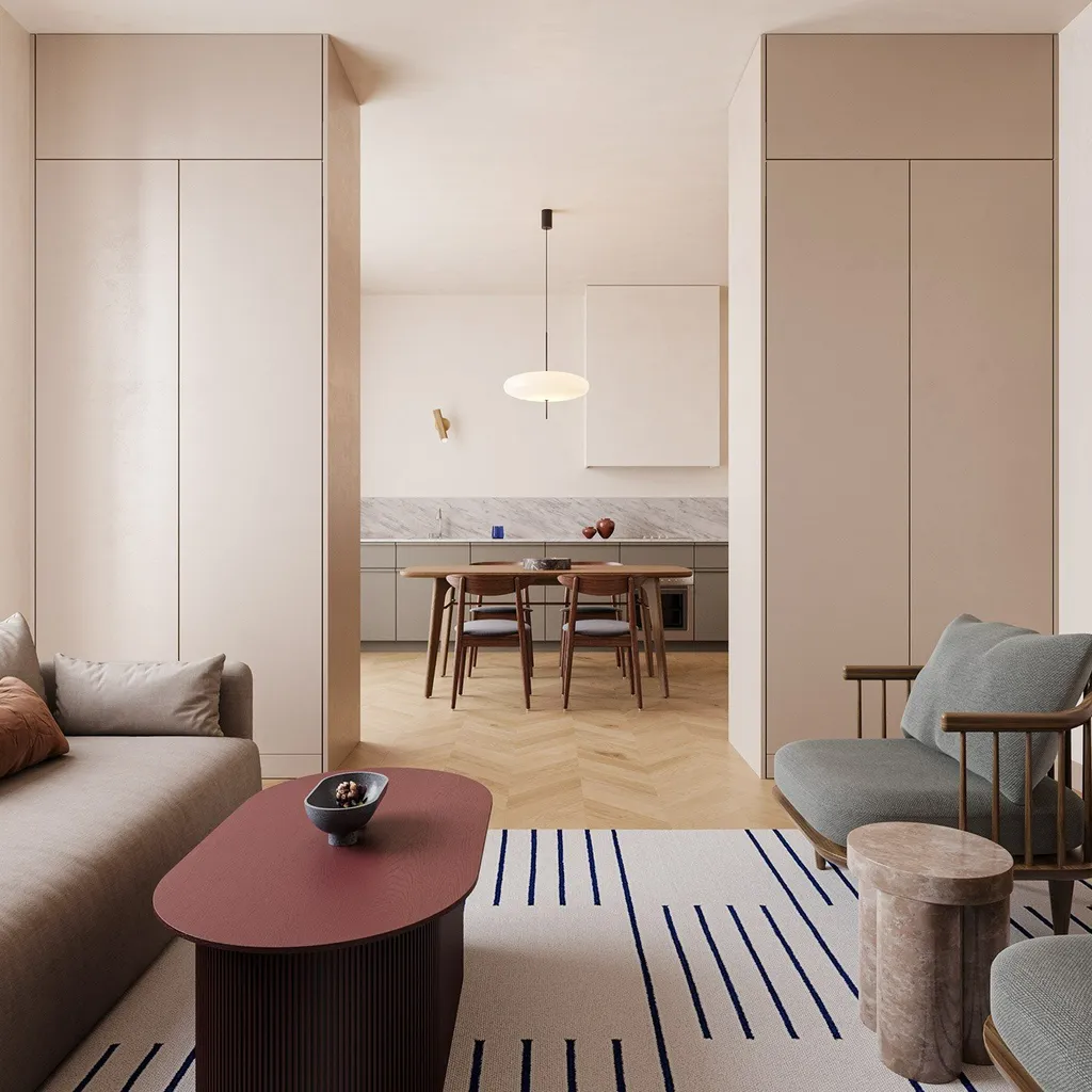 Công trình hoàn thiện nội thất phòng khách cho căn hộ theo phong cách Japandi số 1. Thi công hoàn thiện bởi TD INTERIOR.