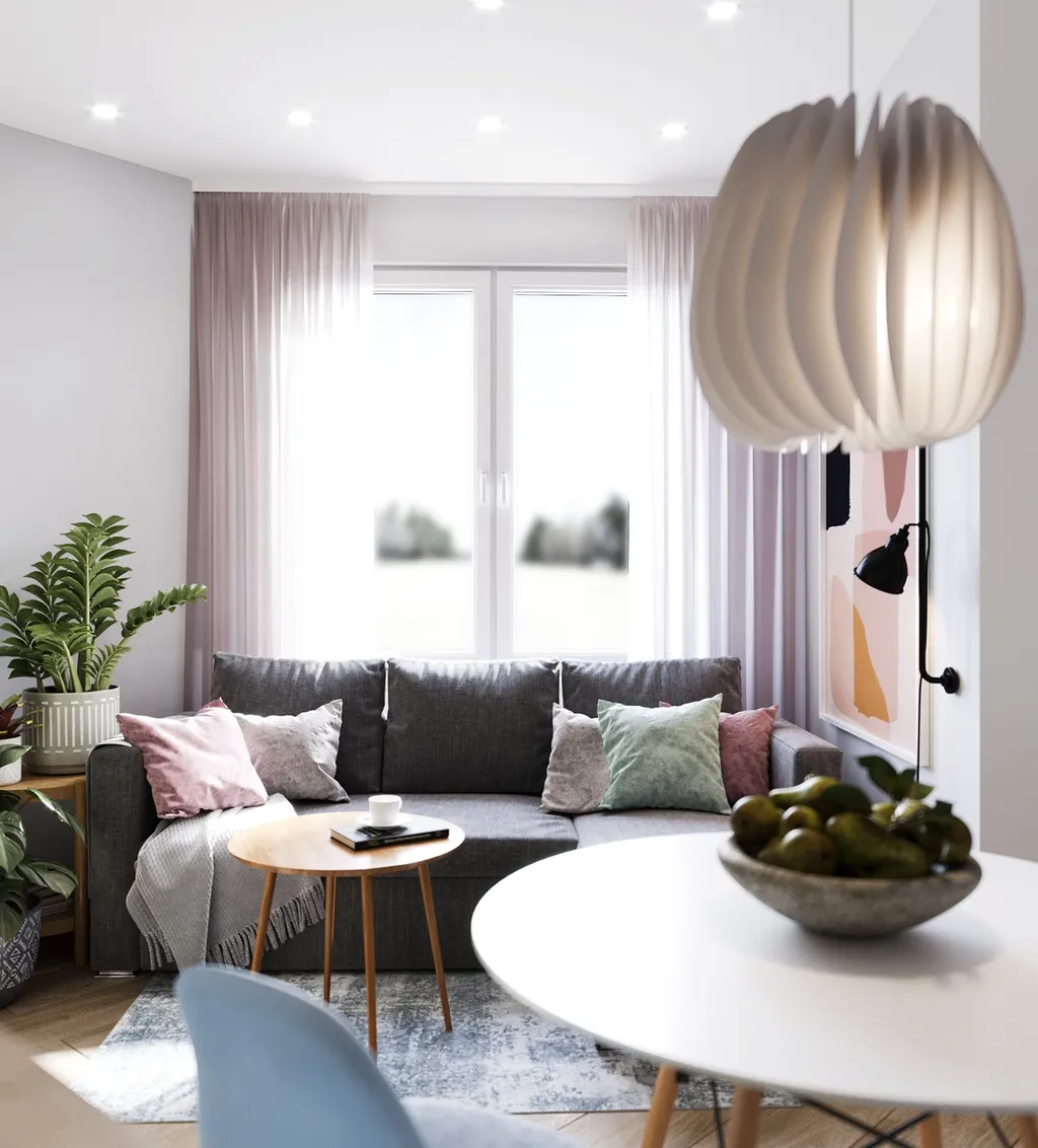 Công trình hoàn thiện nội thất phòng khách cho căn hộ theo phong cách Scandinavian & Color Block. Thi công hoàn thiện bởi TD INTERIOR.