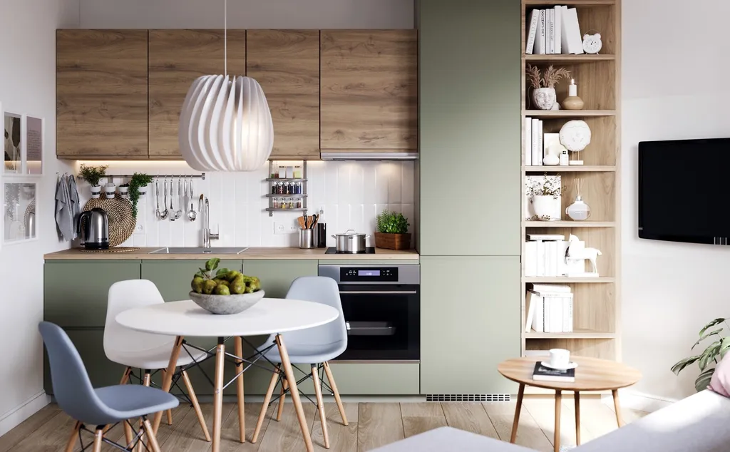 Công trình hoàn thiện nội thất phòng bếp cho căn hộ theo phong cách Scandinavian & Color Block. Thi công hoàn thiện bởi TD INTERIOR.