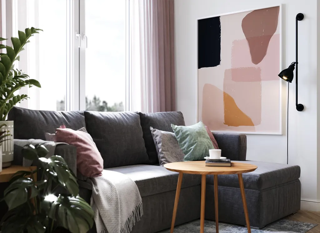 Công trình hoàn thiện nội thất phòng khách cho căn hộ theo phong cách Scandinavian & Color Block. Thi công hoàn thiện bởi TD INTERIOR.