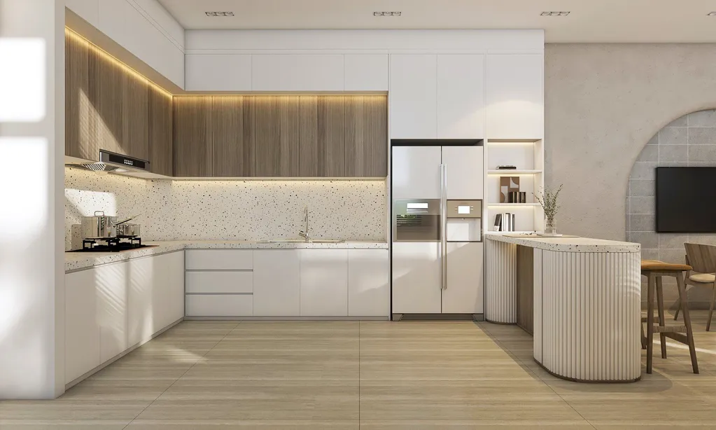 Công trình hoàn thiện nội thất phòng bếp cho căn hộ theo phong cách Japandi số 2. Thi công hoàn thiện bởi TD INTERIOR.