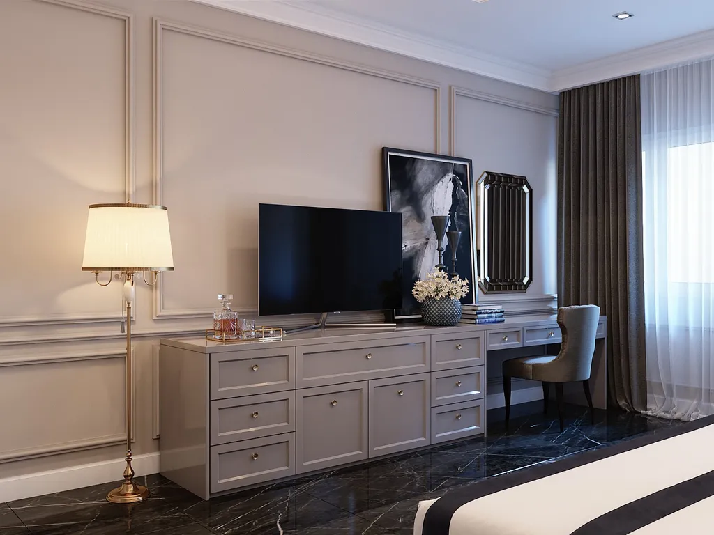 Công trình hoàn thiện nội thất phòng ngủ cho căn hộ theo phong cách Neo Classic. Thi công hoàn thiện bởi TD INTERIOR.