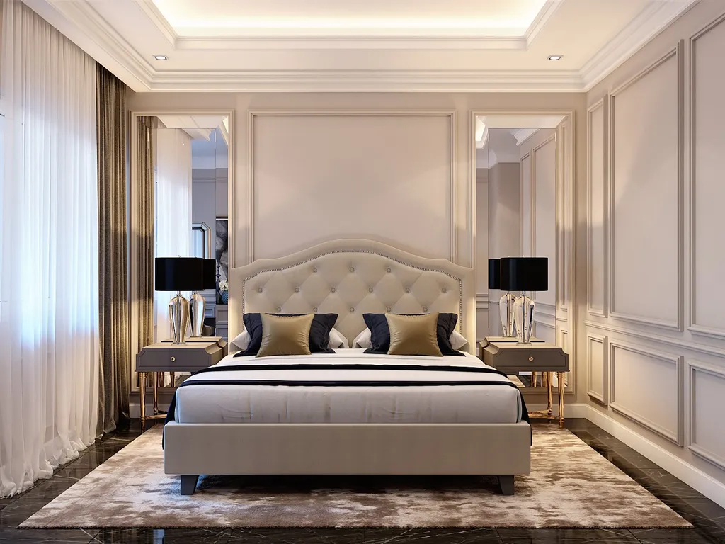 Công trình hoàn thiện nội thất phòng ngủ cho căn hộ theo phong cách Neo Classic. Thi công hoàn thiện bởi TD INTERIOR.