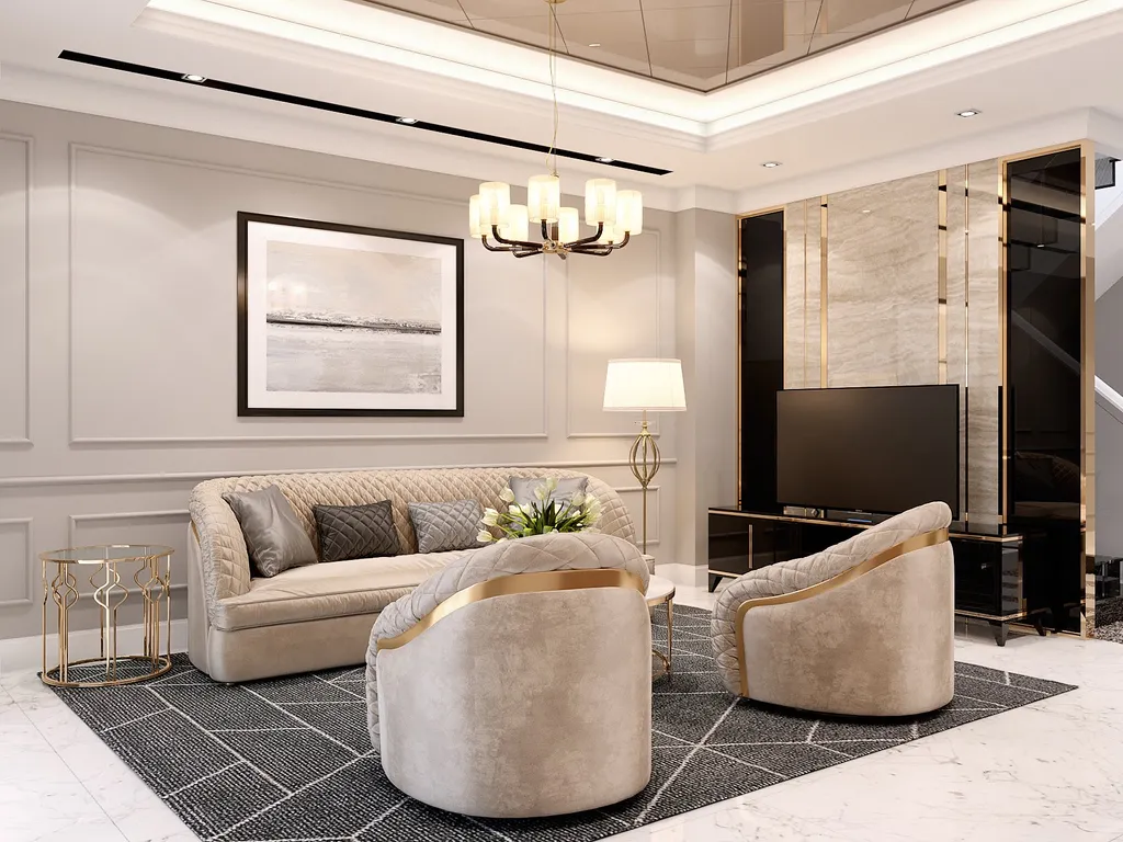 Công trình hoàn thiện nội thất phòng khách cho căn hộ theo phong cách Neo Classic. Thi công hoàn thiện bởi TD INTERIOR.