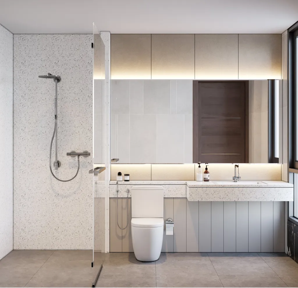 Công trình hoàn thiện nội thất phòng tắm cho căn hộ theo phong cách Neo Classic & Minimalism số 2. Thi công hoàn thiện bởi TD INTERIOR.