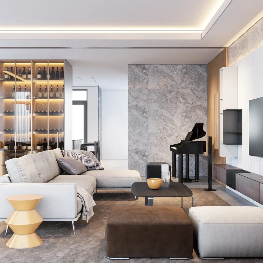 Công trình hoàn thiện nội thất phòng khách cho căn hộ theo phong cách Neo Classic & Minimalism số 2. Thi công hoàn thiện bởi TD INTERIOR.