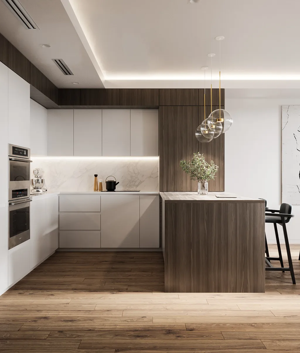 Thiết kế nội thất 3D cho phòng bếp căn hộ theo phong cách Modern