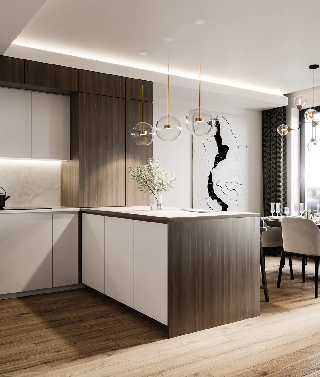 Thiết kế nội thất 3D cho phòng bếp căn hộ theo phong cách Modern