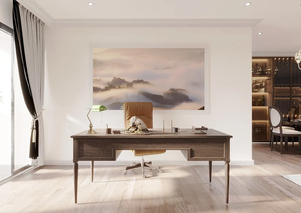 Thiết kế nội thất 3D cho phòng làm việc căn hộ cao cấp Hà Đô, Củ Chi theo phong cách Neo Classic