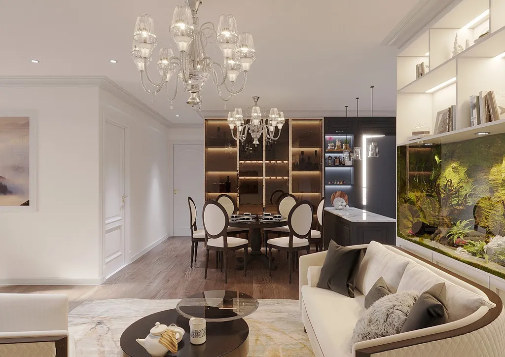 Thiết kế nội thất 3D cho phòng khách căn hộ cao cấp Hà Đô, Củ Chi theo phong cách Neo Classic
