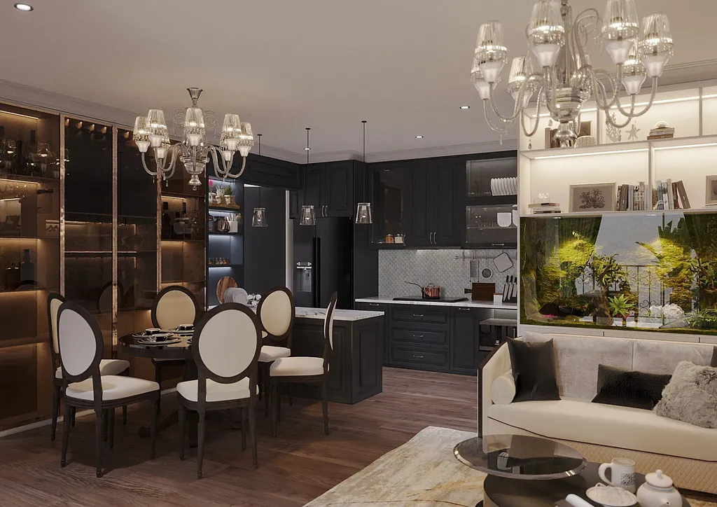 Thiết kế nội thất 3D cho phòng bếp căn hộ cao cấp Hà Đô, Củ Chi theo phong cách Neo Classic