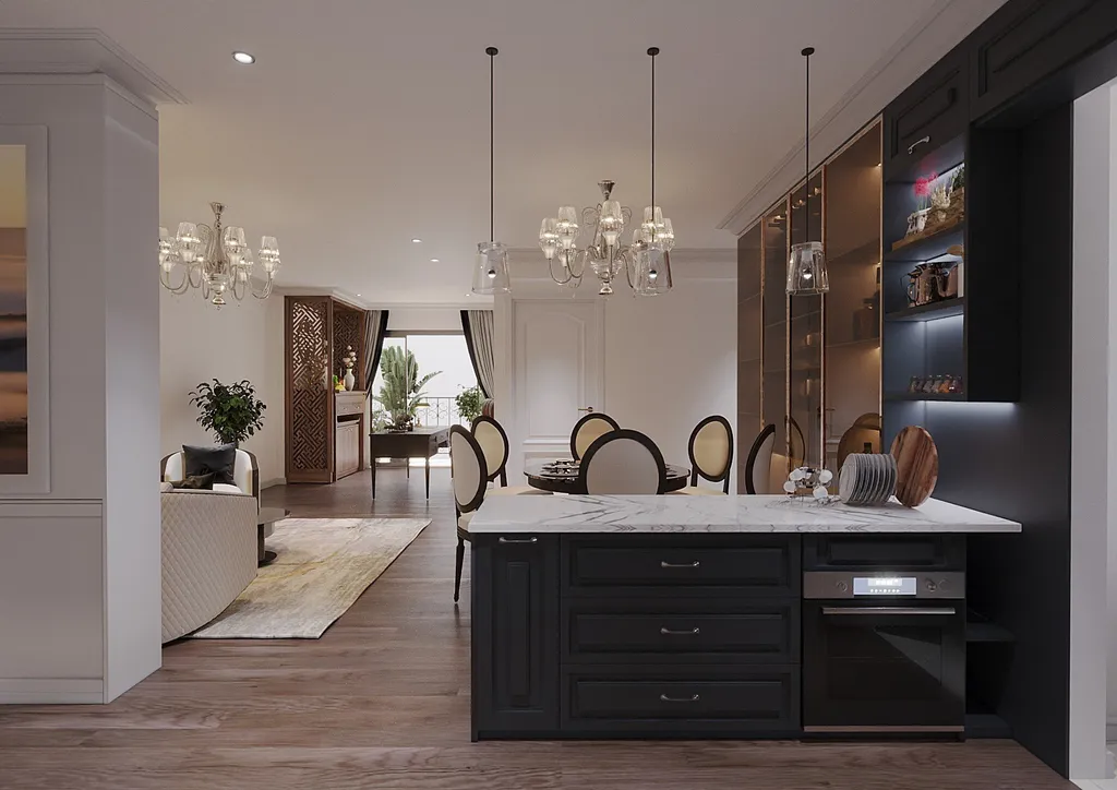 Thiết kế nội thất 3D cho phòng bếp căn hộ cao cấp Hà Đô, Củ Chi theo phong cách Neo Classic