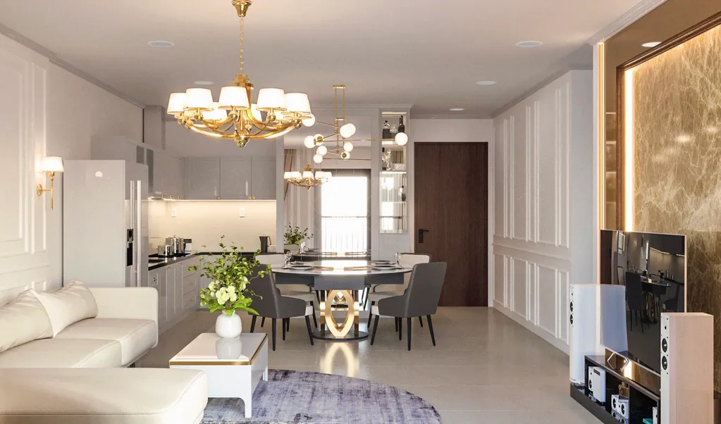 Concept 3D nội thất phòng khách phòng ăn Căn hộ II Sora Bình Dương phong cách Neo Classic