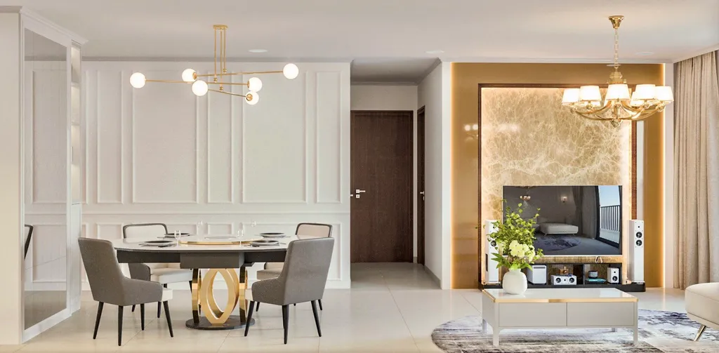 Concept 3D nội thất phòng khách phòng ăn Căn hộ II Sora Bình Dương phong cách Neo Classic