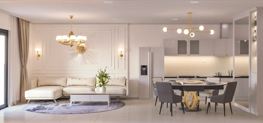 Concept 3D nội thất phòng khách phòng ăn Căn hộ II Sora Bình Dương phong cách Neo Classic