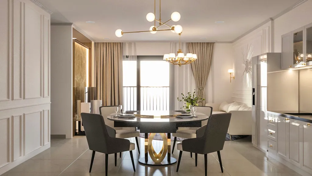 Concept 3D nội thất phòng ăn, nhà bếp Căn hộ II Sora Bình Dương phong cách Neo Classic