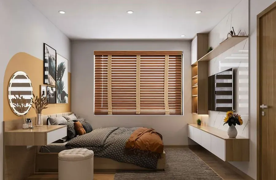 Rèm gỗ sáo khi kết hợp với màu nâu trầm làm tone chủ đạo phòng ngủ sẽ tạo nên một không gian rất ấm cúng