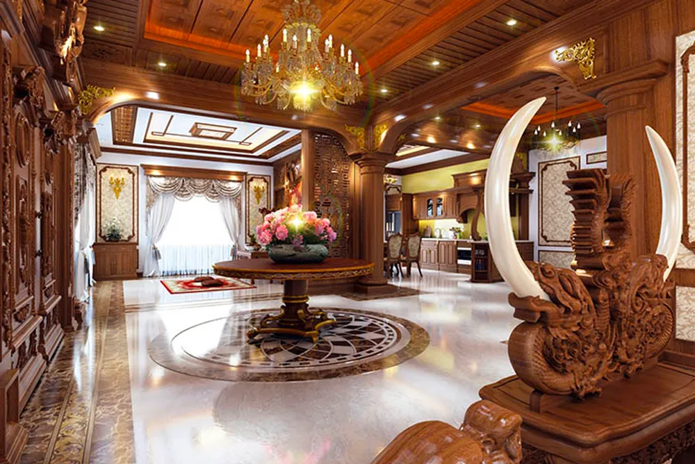 Các mẫu trần gỗ mang phong cách tân cổ điển thường được ứng dụng nhiều trong các công trình kiến trúc lớn và sang trọng như resort, biệt thự hoặc villa.