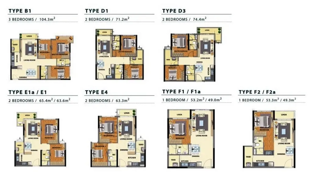 Mặt bằng các loại hình căn hộ từ 1 đến 3 phòng ngủ chung cư Celadon Tân phú